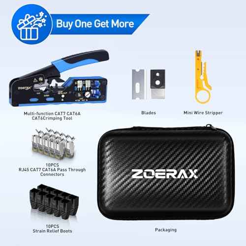 All-in-One Ethernet Crimping Tool Kit with Wire Stripper, 10xCAT7 RJ45 Pass Through Connector & 10xBoots, Storage Case Ideal for DIY/Network Installations