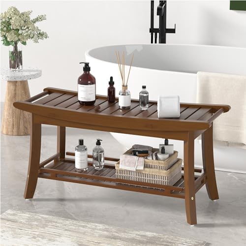 Bamboo Shower Bench Chair Bathroom Shower Stool Seat for Inside Shower Bathtub with Storage Shelf Shower Foot Rest for Shaving Legs 39 x 13 x 19.2 Inches Chestnut Brown