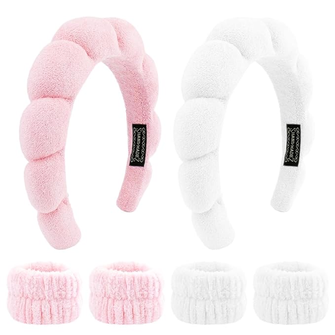 SPA Headbands for Washing Face Makeup Headbands with Bow Hair Band Women Facial Head Band Wrist Towel Wraps For Shower Face Mask Pink White, 6 Pack