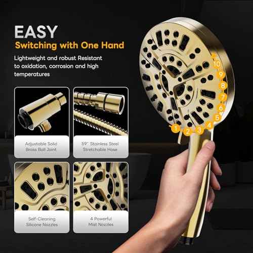 High Pressure 10 Ways Handheld Shower Head Brushed Gold- Anti-clog Nozzles, Built-in Power Wash to Clean Tub, Wall & Overhead Brackets,Magnetitc Rainfall Shower Wand,Built-in 2 Power Jet