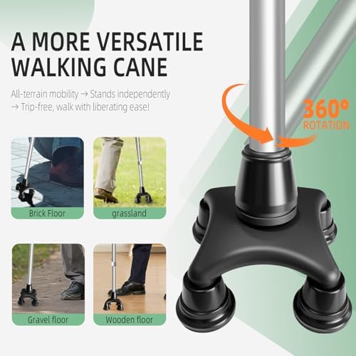 DEOMAi Quad Cane Self Standing Adjustable Walking Cane for Men Women Seniors with Comfort Grip Handle 360° Pivoting Cane for All-Terrain Lightweight & Durable