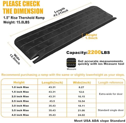 1.5" High 2 Pack Wheelchair Ramp Rubber Threshold Ramps for Home Doorways, 2200 lbs Weight Capacity, Non-Slip Surface for Wheelchair,Strollers,Scooters Home Doorways Use(1.5" High, 2 Pack)