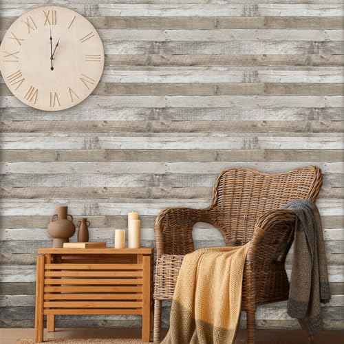 LXCREAT Faux Wood Butcher Block Contact Paper, Shiplap Peel and Stick Wallpaper Wooden Planks for Walls 17.5"X118", Natural Grey Self Adhesive Removable Rustic Wallpaper for Shelf Kitchen Decoration