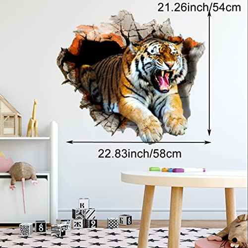 3D Tiger Wall Decal Smashed Wild Animal Wall Sticker 23.62x23.62inch Removable Self-Adhesive Vinyl Jungle Animal Wall Mural for Nursery Playroom Kids Room Bedroom Wall Decors