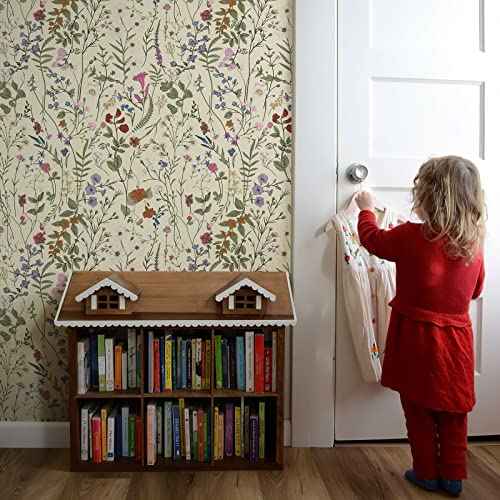 JiffDiff Floral Wallpaper Peel and Stick- 118" x 17.3" Farm Floral Wall Paper Wildwood Daisy Self Adhesive Stick On Wallpaper Removable Contact Paper (Mustard)