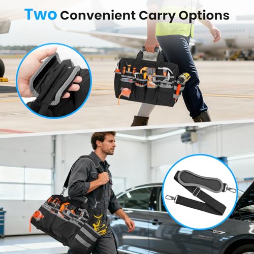 Heavy Duty Tool Bag, 17 Inch Tool Bags for Men with Multi-Pockets, Waterproof Tool Box Organizer Storage Bag with Adjustable Shoulder Strap, Soft Handle, Durable Zipper for Men, Dad (Black-Grey)
