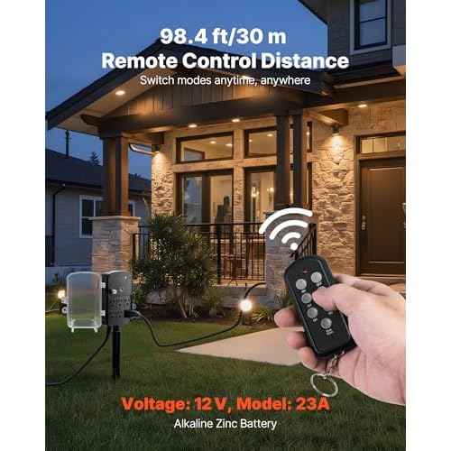 VEVOR Outdoor Power Stake Timer, 50FT Extension Cord, Remote Control Outdoor Power Strip with Cover, Dusk to Dawn Light Timer Waterproof, 6 Outlets for Halloween Christmas Lights, Garden Decorations