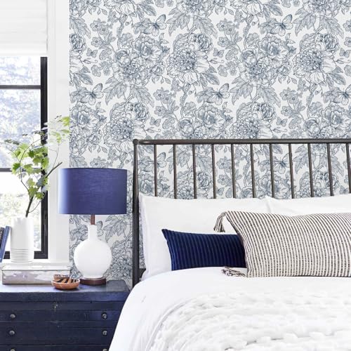 Navy Blue Floral Peel and Stick Wallpaper Boho 118inL 17.3inW Modern Contact Paper for Cabinets and Drawers Self Adhesive Removable Wallpaper for Bedroom Bathroom Waterproof Blue Contact Paper