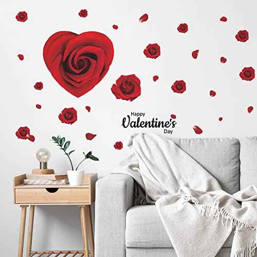 Heart-Shaped Rose Flower Wall Decals, Valentine's Day Love Wall Stickers, Removable Self-Adhesive Valentine Window Stickers, Romantic Wedding Anniversary Wall Art, Peel and Stick Murals for Home Decor