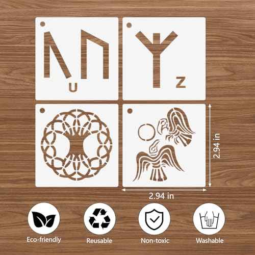 48 Pcs Runes Stencils for Painting on Wood, 3x3 Inch Small Viking Symbol Tree of Life Reusable Painting Template for Wood Burning, Crafts Drawing Stencil for Spray Painted Card Canvas Wall Decor