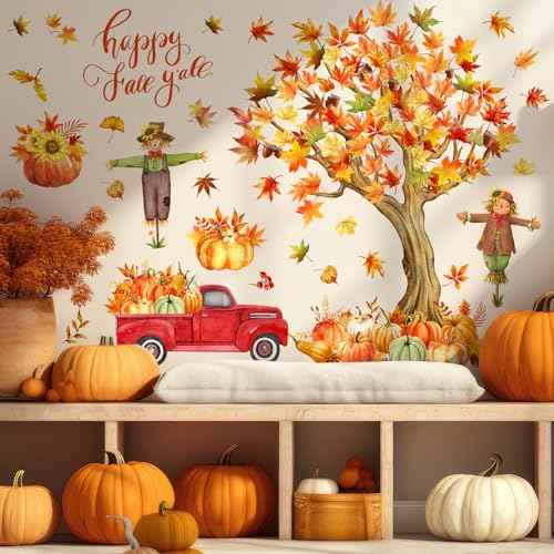 Thanksgiving Fall Wall Decals Autumn Maple Leaves Scarecrow Pumpkin Truck Thanksgiving Removable Sticker Cute Fall Wall Mural Art for Classroom Bedroom Decor