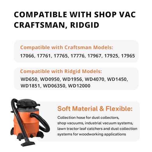 10Ft. Extension Hose Replacement for Shop Vac, Craftsman, Ridgid Wet & Dry Vacuums WD650 WD0950 WD1956 17761 17965 17776, Dust Collection Hose, Wet & Dry Vaccuum Hose Accessories