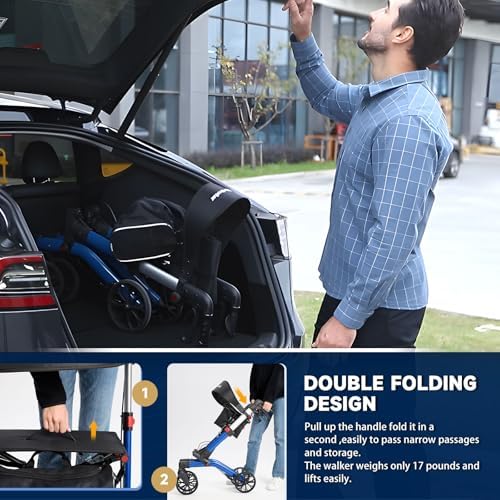 Aluminum Heavy-Duty Rollator Walkers for Seniors with Seat, 300 lbs. Weight Capacity, Lightweight 4 Wheel Walker, 8" Wheels, Foldable Adult Walker, Adjustable Height Rolling Walker with Brakes