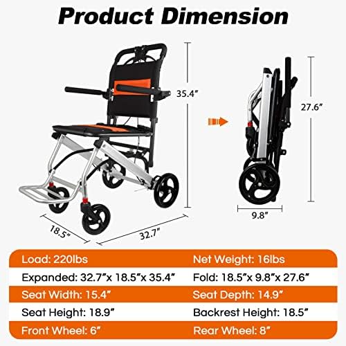 Only 16lbs World's Lightest Transport Wheelchairs, Travel Wheelchairs for Adults Support 220lbs, Aluminum Wheelchair, Lightweight Transport Wheelchair with Storage Bag