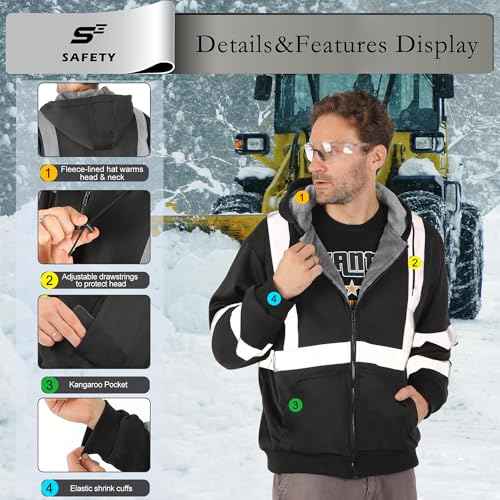 sesafety High Visibility Safety Hoodie for Men Fleece Lined ReflectiveZip up Sweatshirt Class 3 Heavy Duty Hi Vis Jacket
