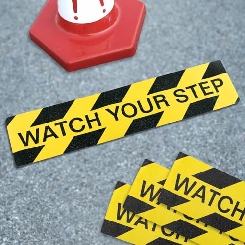 4 PCS Watch Your Step Floor Decals Stickers 5.9 x 23.6 Inch, Self Adhesive Anti Slip Watch Your Step Sign, Warning Sticker Adhesive Tape for Workplace Safety Wet Floor Cautio