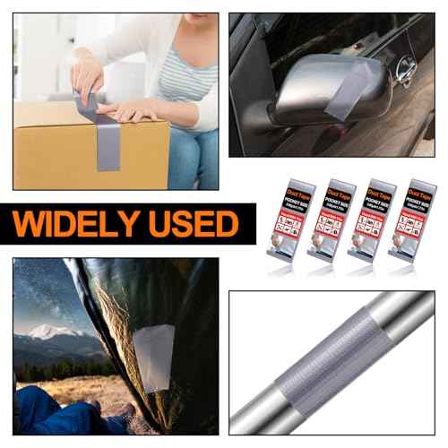4 Pack 1.77 in x 10 ft Travel Duct Tape Mini Pocket Size Flat Roll Flexible Heavy Duty Waterproof Tear by Hand for Repair Outdoor Emergency Gear EDC DIY Craft Camping Hiking (Silver)