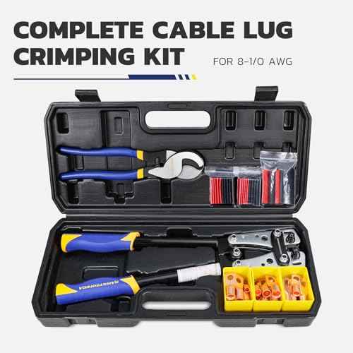 haisstronica Heavy Duty Battery Cable Crimping Tool Kit-Ratchet Hex Extended Handle Crimper for 8,6,4,2,1,1/0 AWG Copper Lugs with Blow Molded Box,Cable Cutter, 48PCS Copper Lugs&Heat Shrink Tubing