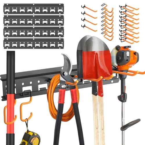 Garden Tool Organizer Wall Mount - Garage Storage and Organization Yard Tool Hanger with Adjustable Pegboard Hooks Shed Rack for Broom Mop Shovel Rake Trimmers, 64 inch Max 750lbs, Black