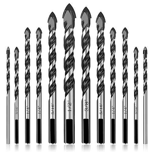 12Pcs Masonry Drill Bit Set, Concrete Drill Bit Set, 1/8 to 1/2 inch Professional Carbide Drill Bits Set for Glass, Brick, Plastic, Cement, Concrete, Granite, Wall, Wood, Tile Etc.