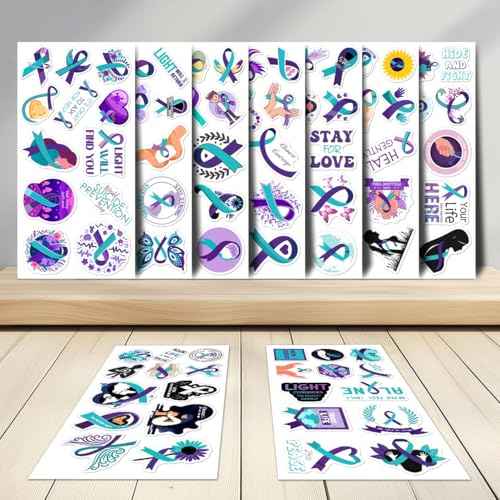 108 PCS Mental Health Awareness Stickers Pack, Vinyl Waterproof Teal and Purple Ribbon Stickers for Laptop Water Bottle Scrapbook, Positive Affirmation Decals for Kids Teens