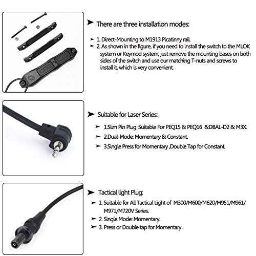 Remote Dual Pressure Switch Augmented Pressure Double Switch Assembly for M300/M600 M951 M952 Series Scoutlight + PEQ 15 Laser Dual Tape Switches, for Mlok/Keymod/20mm Rail Mount (Black)