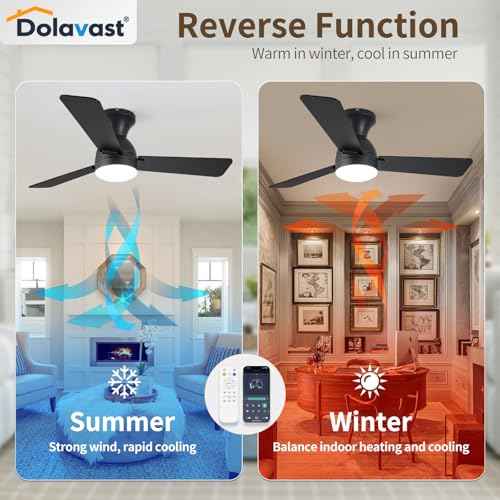 Ceiling Fans with Lights and Remote, 42 Inch Ceiling Fan with Light, Low Profile, Reversible, Dimmable LED, Flush Mount, Quiet, DC Motor, Black Ceiling Fan for Bedroom, Kitchen, Dining Room