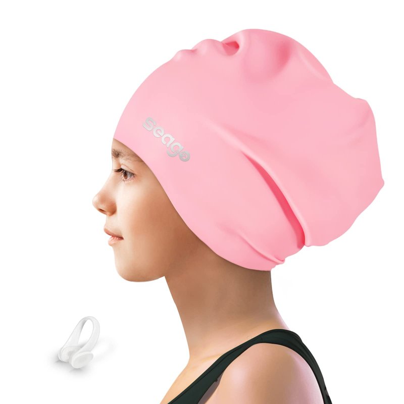 Seago Kids Swim Cap for Girls Boys Long Hair Swimming Cap for Kids 6-14 Youth Extra Large Swim Cap for Braids and Dreadlocks Waterproof Pool Silicone Bathing Swimming Caps that Keep Hair Dry
