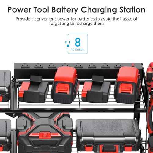 CCCEI Large Garage Tools Storage with Charging Station. Power Tool Battery Organizer Utility Shelf with Power Strip. 4 Drills Holder Wall Mount Rack, Black 3 Layer.