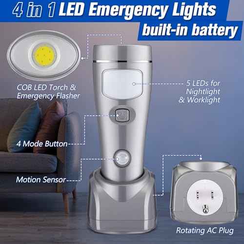 Enhon 6 Pack Rechargeable 4-in-1 LED Emergency Lights, Plug-in Flashlights with Motion Sensor Night Light, Auto-On Power Failure Light for Home, Hurricane, and Outage Supplies