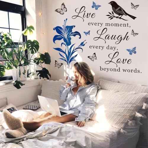 Motivational Wall Decal Quote Live Every Moment Laugh Every Day Love Beyond Words Wall Decals Family Inspirational Wall Stickers for Bedroom Living Room Window Decor Home Decor.(Blue)