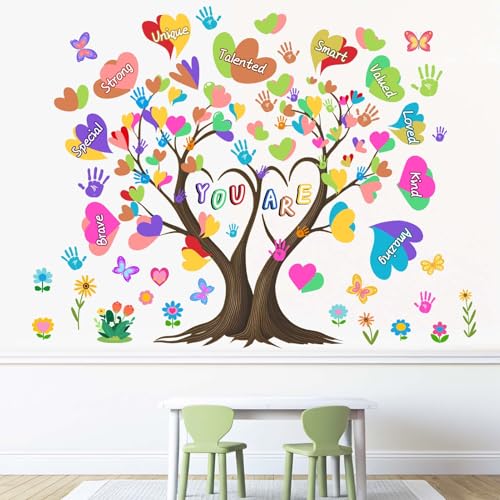 Classroom Inspirational Wall Stickers for Kids: Peel and Stick Hearts Tree Handprint You are Strong Wall Decals - Boys Room Girls Bedroom - Children Supplies Ages 1-12 Years Wall Art Decor