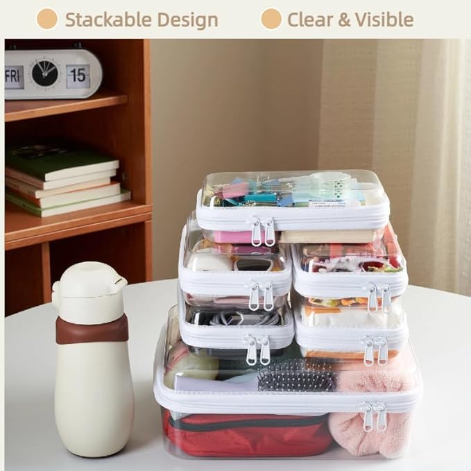6 pcs Zipper Pouches, Hard Shell Toiletry Bag, Stackable Travel Organizer, Cosmetic Bags, Transparent Diaper Bag, Storage Cases (Tall M + 5S)