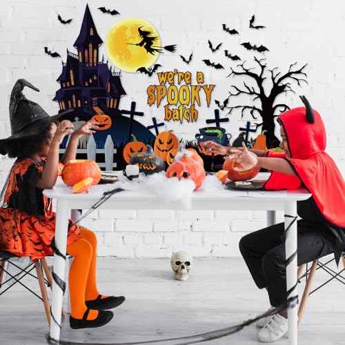 Pasimy 48 Pcs Halloween Classroom Bulletin Board Decorations 3D Halloween Bat Scary Castle Pumpkin Tree Witches Paper Cutouts We're a Spooky Batch Decor for Holiday Classroom Wall Home Office Supplies