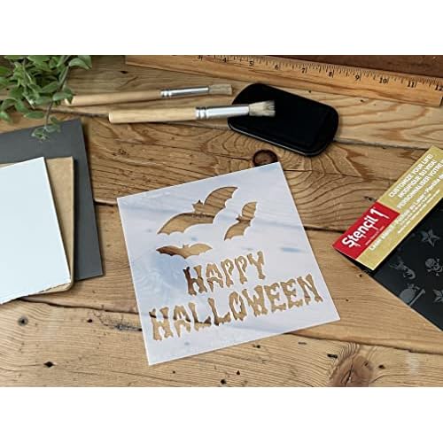 Stencil1 Happy Halloween Stencil - Pumpkin Carving Reusable Stencils for Painting Decorating Decor on Walls, Fabric & Furniture Art Craft 5.75" x 6"