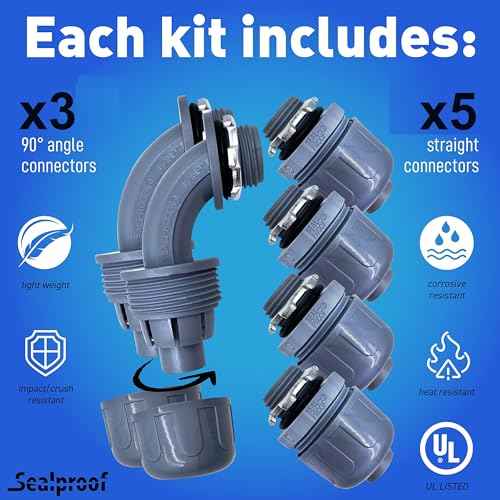 Sealproof 3/4-Inch Non-metallic Liquid-Tight Conduit and Connector Kit, 50 Foot Made in USA Flexible Electrical Conduit Type B with 5 Straight and 3 90-Degree Conduit Connector Fittings, 0.75" Dia