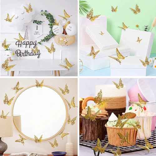 36Pcs 3D Gold Butterfly Wall Stickers, 3 Sizes Butterfly Decoration, Removable Wall Decals Room Decor for Bedroom Nursery Classroom Party Wedding Cake Decor Paint, Wall Treatments and Supplies