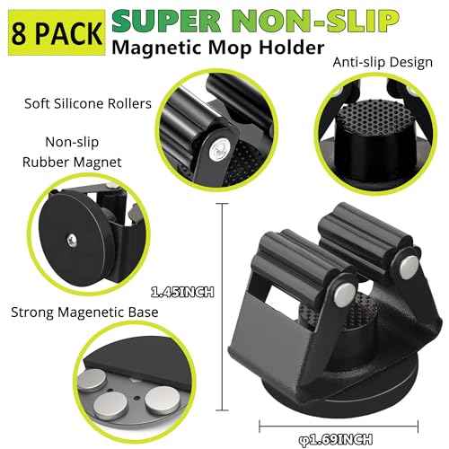 ULIBERMAGNET Magnetic Mop Broom Holder,Heavy Duty Movable Magnetic Broom Holder Rack,Anti-slip Wall Mounted Utility Storage Mop Shovel Hanger for Garage, Kitchen, Laundry, Garden(8 Pack/Black)