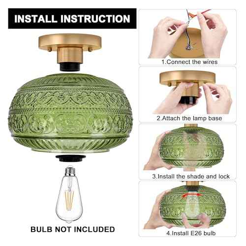 Semi Flush Mount Ceiling Light, Upgraded Modern Close to Ceiling Light Fixture with Green Glass,Gold Indoor Kitchen Lighting for Porch Corridor Hallway Bedroom, Bulb Not Included