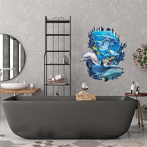 PLIGREAT 3D Broken Wall Undersea Ocean World Dolphins Wall Stickers, Removable Vinyl Peel and Stick Walls Decals for Teens Bedroom Dorm Room Home Decoration Beach House Apartment Indoor Art Decor