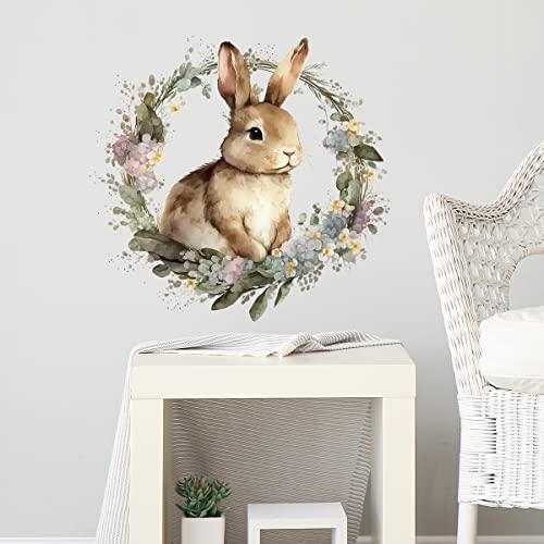 Cute Bunny in the Garland Wall Decal Nursery Rabbit Animal Easter Wall Sticker Removable Peel and Stick Wall Art Decor for Kids Baby Classroom Preschool Living Room Playing Room Bedroom School