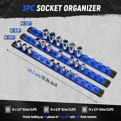 ALOANES Magnetic Socket Organizer Set, 3-Piece Heavy Duty Aluminum Socket Holder Socket Rail Organizer for Tool Box, 360¡Æ Swivel Clips Socket Rack 1/4, 3/8, 1/2-Inch x 40 Clips (Blue)