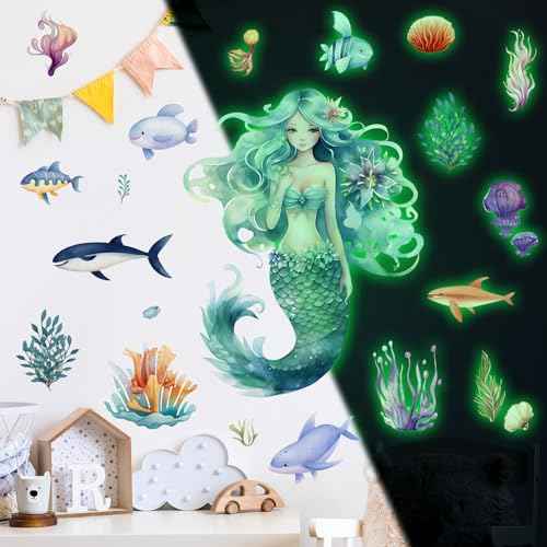 Mermaid Wall Decals Glow in The Dark Mermaid Wall Stickers Glow in The Dark Under The Sea Wall Decals for Kids Baby Bedroom Nursery Classroom Bathroom Mirror Decor