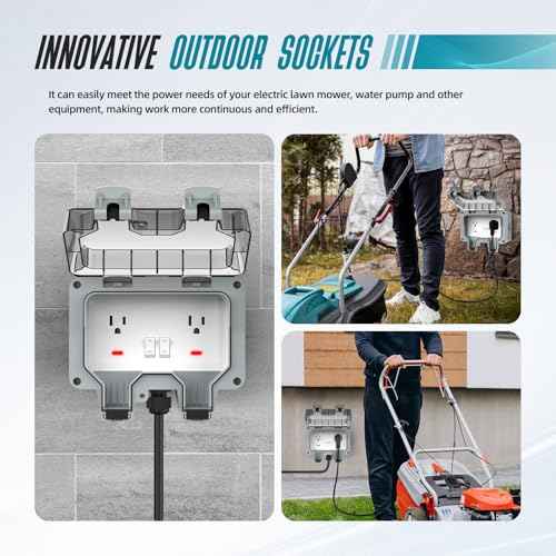 Outdoor Outlet Box with 32.8Ft Extension Cord,NEMA 5-15R,IP66 Waterproof Outdoor Outlet Box w/Lockable Cover & LED Indicator (Double Plug Socket) -Perfect for Gardens, Yards & Sports Fields