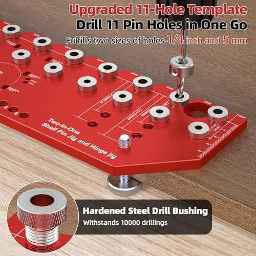 11-Hole Shelf Pin Jig and Hinge Jig 2-in-1,1/4 Inch and 5mm Shelf Pin Drilling Jig,Self-contained Clamping Function Shelf Jig and Cabinet Hardware Jig Tool Drill Guide