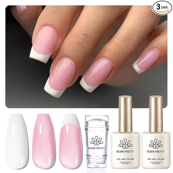Born Pretty French Manicure Kit, Nail Stamper and 2Pcs Gel Nail Polish, Include Jelly Sheer Pink White Colors for French Tip, U V Light Cure