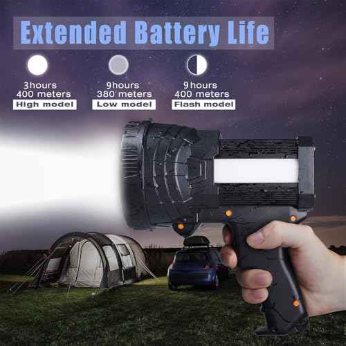 YIERBLUE Rechargeable Spotlight, Super Bright 100,000 High Lumen LED Handheld Spotlight Long Lasting Large Flashlight Searchlight and Flood Camping Flashlight with Foldable Tripod Black
