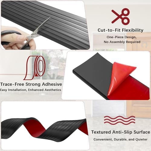 Threshold Ramps for Doorways Self-Adhesive Natural Rubber Power Wheelchair Ramp Adjustable & Cuttable, for Doorways,Sweeper, Power Scooters, Bathroom (Black, 3” Wide x 6.6' Long)