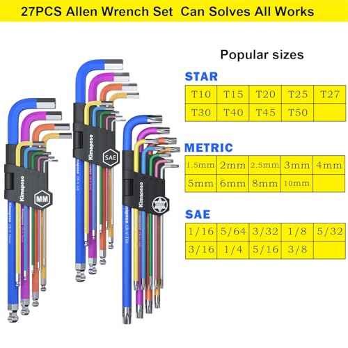 Hex Key Set 27PCS Long Arm Allen Key Set Extra Long Ball End Allen Wrench Set Metric Imperial Torx With T-Handle Metric 1.5mm-10mm, SAE 1/16-3/8, Star Key Set T10-T50