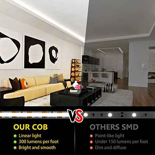 EMITEVER COB LED Strip Lights Cool White, 5000K Tape Light 25ft Premium High Density, DC 24V, 300+Lumens/ft, 3600LEDs/Spool, Ra 90+, 3W/ft, UL Listed 5 Year Warranty (Power Supply Sold Separately)